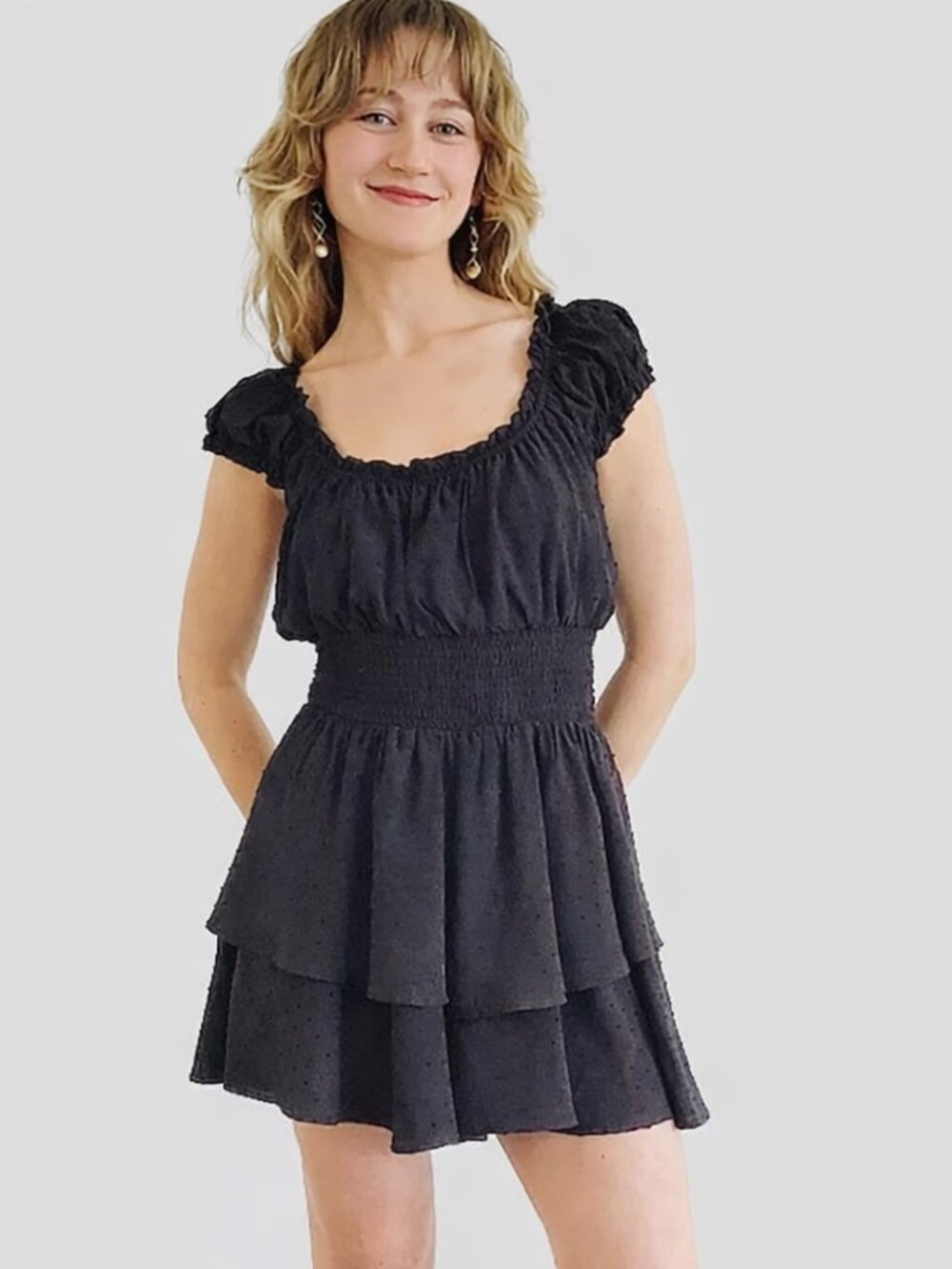 1412 Swiss Dot Off Shoulder Layered Skirt Romper